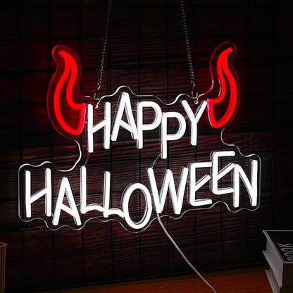 Happy Halloween Neon Sign - Dimmable LED Red Little Corner Light for Wall Decor - USB Powered for Halloween Decoration, Home Spooky Party, Bedroom Decor