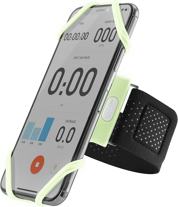 BONE Run Tie, Running Cell Phone Holder, Skin-Friendly & Washable Silicone Sport Armband, Universal Workout Phone Carrier Compatible with Most Smartphone (Luminous - Size L/Arm Size 9.8-15.7")