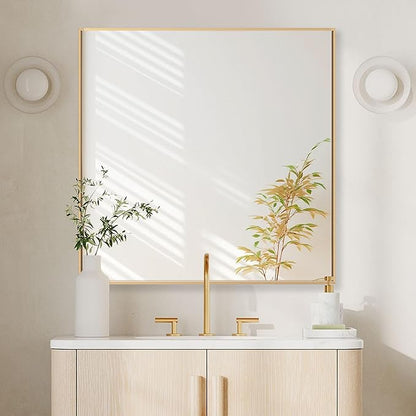 30x30 Inch Orange Gold Bathroom Mirror for Wall, Aluminum Frame Rectangle Rectangular Vanity Mirror, Modern Large for Bedroom, Living Room, Horizontal or Vertical