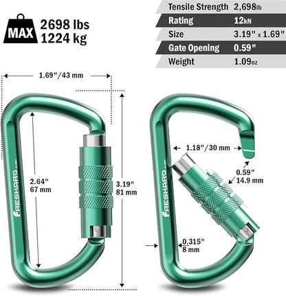 FresKaro 3inch 12kN-2698lbs Auto Locking Carabiner Clips, Solid D Shape, Heavy Duty 7075 Aluminum, Lightweight 1.09oz, Rust Proof, for Hammock, Hiking, Dog Leash, Keychain etc., Multi-Colors
