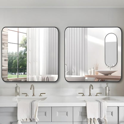 FORBATH Bathroom Mirror 36" x 36"，Large Square Wall Mirror with Black Aluminum Frame Rounded Corner, Wall Mounted Mirror for Bathroom Bedroom Entryway Living Room