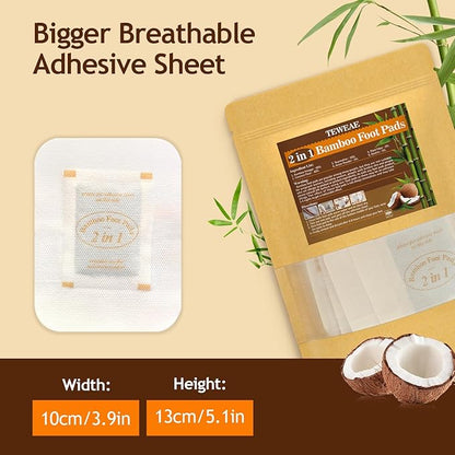 2 in 1 Foot Pads, 64 Pads Bamboo Vinegar Coconut Shell Powder Foot Pads with ''Stay in Place'' Bigger Adhesive Sheet