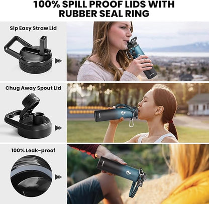 Insulated Water Bottle 24oz, Triple Wall Vacuum Stainless Steel (Cold for 48 Hrs, Hot for 24Hrs), Leak Proof & Non-BPA, 24oz Hydro Water Flask with Paracord Handle & Straw Spout Lids