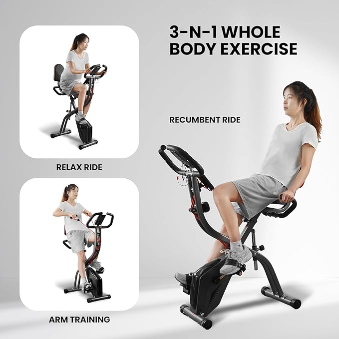 Exercise Bike Stationary Bike Folding Exercise Bike with 10 Level Adjustable Magentic Resistance Support Back Pad and Phone/Tablet Holder Arm Resistance Band Pulse Sensor LCD Monitor for Home Workout 265 LB Capacity