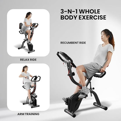 Exercise Bike Stationary Bike Folding Exercise Bike with 10 Level Adjustable Magentic Resistance Support Back Pad and Phone/Tablet Holder Arm Resistance Band Pulse Sensor LCD Monitor for Home Workout 265 LB Capacity