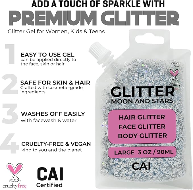 Hair Glitter Gel – Body Glitter for Kids and Women – Iridescent Holograph Cosmetic-Grade Gel w/Moon & Stars for Hair, Body & Face, Applies Smoothly w/o Glue & Washes Off Easily, 3 Oz - Red 2Pack