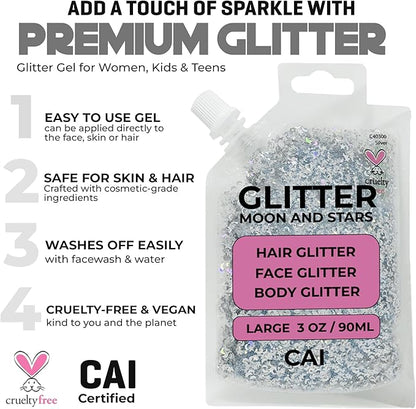 Hair Glitter Gel – Body Glitter for Kids and Women – Iridescent Holograph Cosmetic-Grade Gel w/Moon & Stars for Hair, Body & Face, Applies Smoothly w/o Glue & Washes Off Easily, 3 Oz - Violet 1Pack