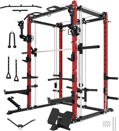 Eonfit E3 Smith Machine with 360°Rotating Arm for Home Gym Equipment, Multi-Function Power Cage Squat Rack with Cable Crossover LAT Pulldown Pulley System All in One