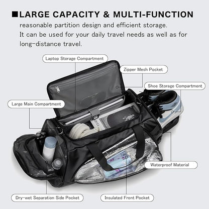 40L Travel Duffle Bag, 4-in-1 Large Gym Bag with Shoe & Wet Clothes and Laptop Compartments, Black