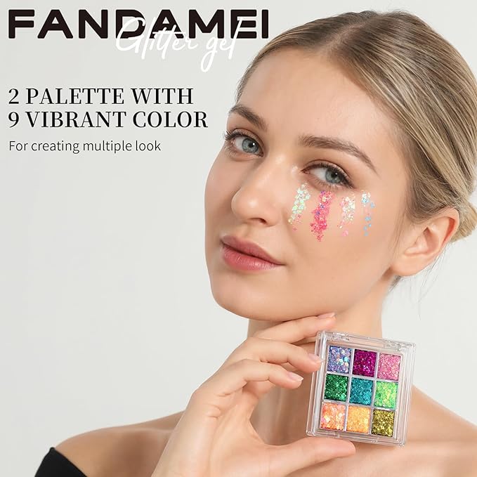 FANDAMEI 18-Color Face Glitter, Body Glitter Hair Glitter for Glitter Makeup, 2 PCS Glitter Gel 6 Color Themes, Chunky Glitter for Kids Women, Halloween Rave Concert Face Paint