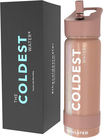 Coldest Insulated Water Bottle with Straw Lid - Stainless Steel Metal Insulated Bottle for Men & Women (Rose Gold Glitter, 18 oz)