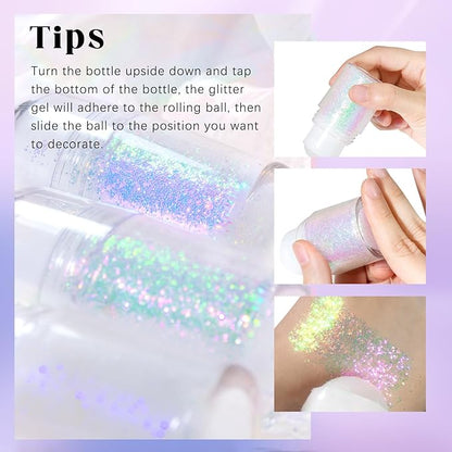 2 Colors Roll-on Body Glitter Gel, Holographic Glitter Gel Under Light for Face Hair, Body Shimmer for Rave Accessories Christmas New Year Halloween Makeup (11+12)