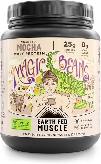 Earth Fed Muscle Magic Beans Mocha Truly Grass Fed Whey Protein Powder - No Artificial Ingredients, Soy Free, Gluten Free, Non-GMO and Hormone Free (2 Pound, 29 Servings, Mocha)