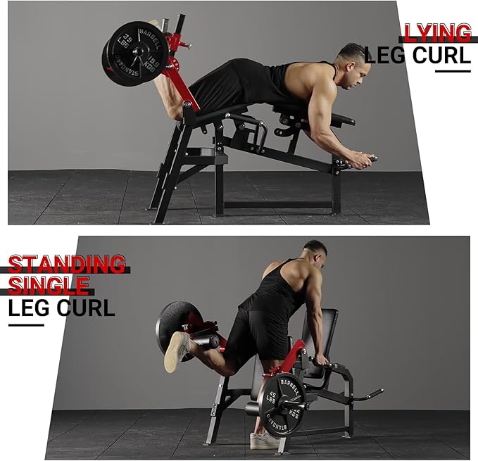 GMWD Leg Extension and Curl Machine, Single Leg Extension, Lying Leg Curl, Standing Leg Curl, Adjustable Leg Exercise Bench with Plate Loaded, Leg Machine Home Gym, Red