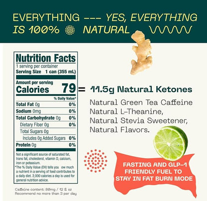 KEY Ketone Energy Drink : Sugar Free, 80mg Low Caffeine, All Natural, 11.5g Ketones, Long Lasting Energy, Green Tea & L-Theanine for Mental Focus, Ginger Lime (Pack of 12)