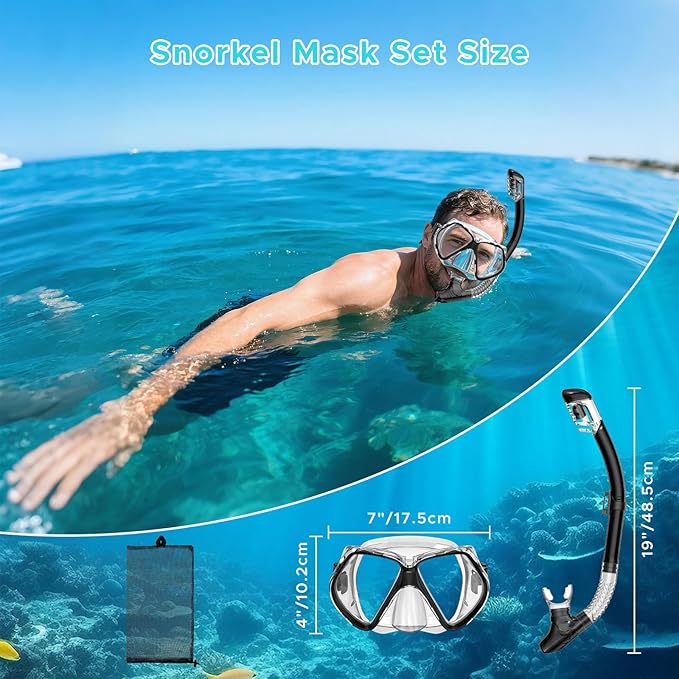 2 Pack Snorkeling Gear for Adults, Dry Snorkel, Mask Set Adult, Diving Scuba Mask, Scuba Gear, Swimming Goggles with Nose Cover, Swim Freediving Tempered Glass Panoramic View Travel Packages