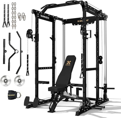 GXMMAT X6 Power Cage, 2200LB Multi-Function Power Rack with Independent Dual Aluminum Pulley System, Squat Rack for Home Gym Strength Training Equipment, Heavy-Duty Steel Construction
