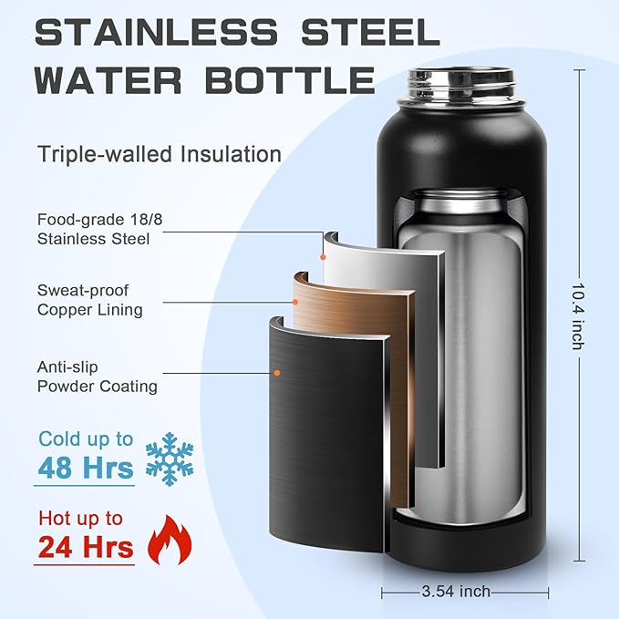 40 oz Insulated Water Bottle with Straw& Spout 2-in-1 Lid, Triple Wall Vacuum Stainless Steel Cold 48H, Leak Proof Sports Metal Flask Jug with Paracord Handle, Black