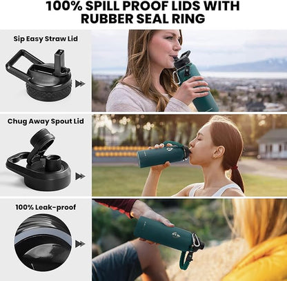 Insulated Water Bottle 40 oz, Triple Wall Vacuum Stainless Steel (Cold for 48 Hrs), Leak Proof & Non-BPA, Modern Water Flask Jug with Paracord Handle & Straw Spout Lids, Dark Green