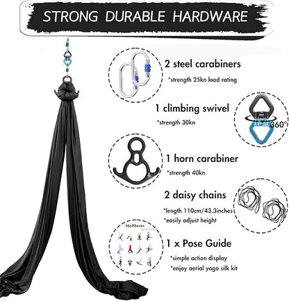 Aerial Silks Yoga Swing Set - 9/11 Yards Aerial Yoga Hammock Kit Anti-Gravity Flying for Fitness, Low/Non Stretch Nylon Tricot Fabric Hardware Included for Dance