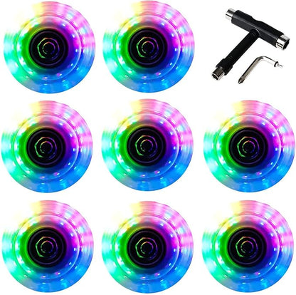 FREEDARE Roller Skate Wheels 54mm/58mm and Bearings Indoor Outdoor Luminous Light Up 83A with T Tools for Double Row Skating and Skateboard (8 Pack)