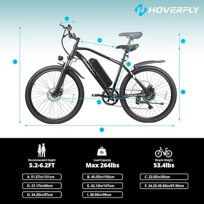 HOVERFLY OUREA 26" Electric Bike for Adults, 750W Peak Motor Mountain Ebike, 20MPH Up to 40 Miles, UL2849 Certified, 7-Speed, Removable Battery, Shock Absorber, Fat Tire Commuter E-Bike