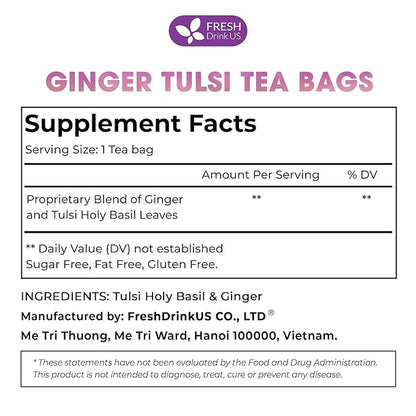 FreshDrinkUS, Premium 135 Ginger Tulsi Tea Bags, 100% Natural, Hand-made Blend of Ginger and Tulsi Holy Basil Leaves, Eco-conscious Tea Bags. Ginger Tulsi Herbal Tea. No Sugar, No Caffeine, Vegan.