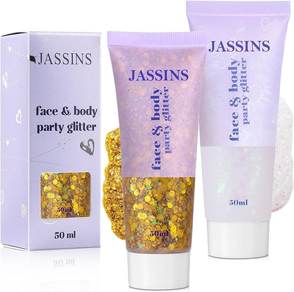 JASSINS 2 Colors Body Glitter, 100ml Face Glitter for Women Girls Kids, Glitter Gel Makeup Tween Gifts, Singer Concerts Festival Rave Accessories, Chunky Mermaid Sequins Glitter