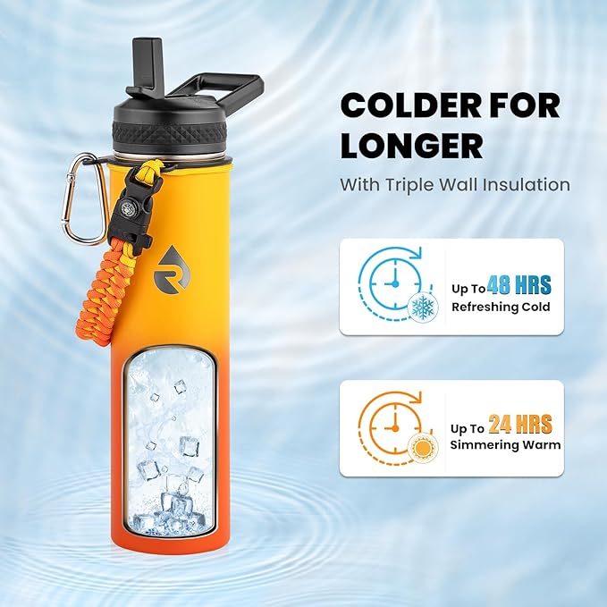 Insulated Water Bottle 24oz, Triple Wall Vacuum Stainless Steel (Cold for 48 Hrs, Hot for 24Hrs), Leak Proof & Non-BPA, 24oz Hydro Water Flask with Paracord Handle & Straw Spout Lids