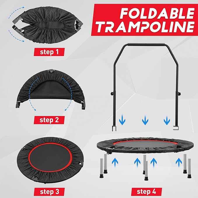 HYD-Parts 40" 48" Mini Trampoline for Adults and Kids Exercise Rebounder with Adjustable Bar Fitness Trampoline Indoor Max Load 330 440lbs