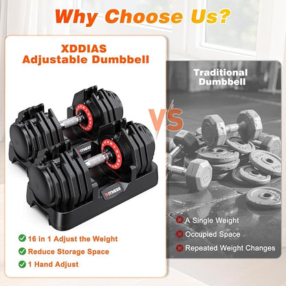 XDDIAS Adjustable Dumbbell Set of 2, 25/55/80LB Dumbbell Set-1Sec Adjustable Weights-5/10 in 1 Free Weights Dumbbells Set with Effortless Tray/No-Slip Handle-Compact Size for Women/Men at Home Gym