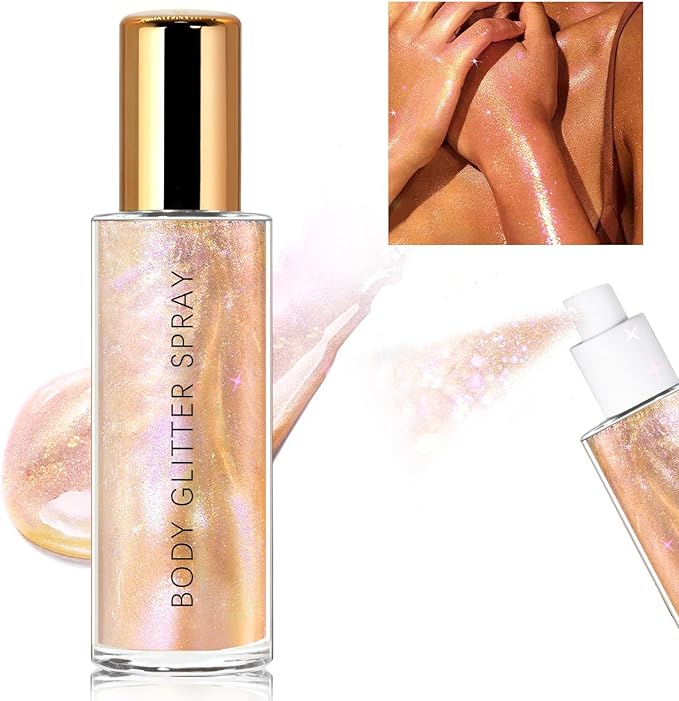 Body Glitter Spray, Moisturizing Bronze Body Shimmer Luminizer Glow Illuminator Quick-Drying and Non-Sticky Liquid Highlighter Spray for Face Hair Glitter, 60ML -Rose Gold