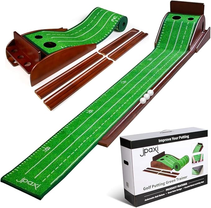 Golf Putting Mat with Ball Return - Putting Green Indoor Featuring 9ft Non-Slip Velvet Surface for Indoor & Outdoor - Smooth, Skip-Free Walnut Ball Return System - Golf Practice Mat for Backyard