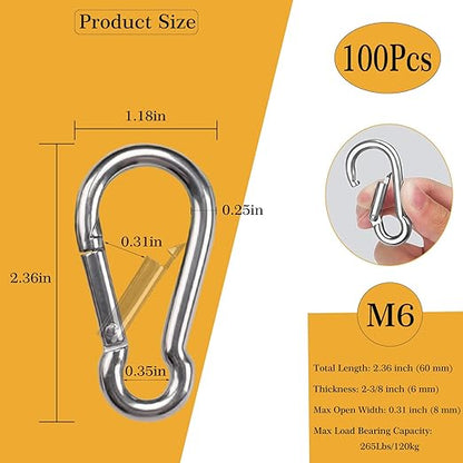 100Pcs 2.4" Carabiner Clip Spring Snap Hook, M6 2-3/8 Inch Heavy Duty Galvanized Steel Spring Snap Hook, Quick Link Keychain Clip for Keys Swing Set Camping Fishing Hiking Traveling(260 lbs Capacity)