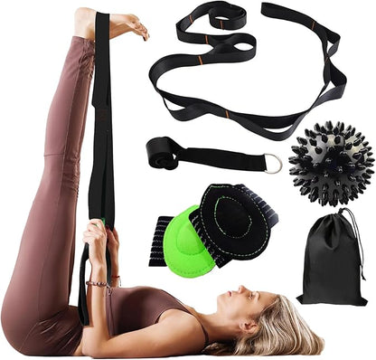 Gradient Fitness Therapy Stretching Belt, 12 Circle Multi Ring Stretching Belt (1.5 inches wide x 86.6 inches long), Therapy Equipment, Yoga Stretcher Strap,Leg Stretcher. Equipped with arch foot pads and pointed massage balls(BLACK)