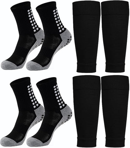 KMOLY 1 Set Soccer Grip Socks,Shin Guard Sleeves for Football Basketball for Men and Women Black/White One Size