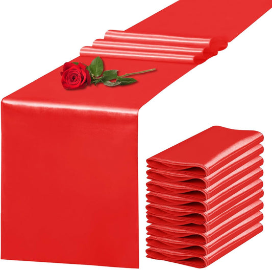 10 Pack Satin Table Runner 12 x 108 Inch Long Red Silk Table Runner for Wedding Party Banquet Birthday Decoration
