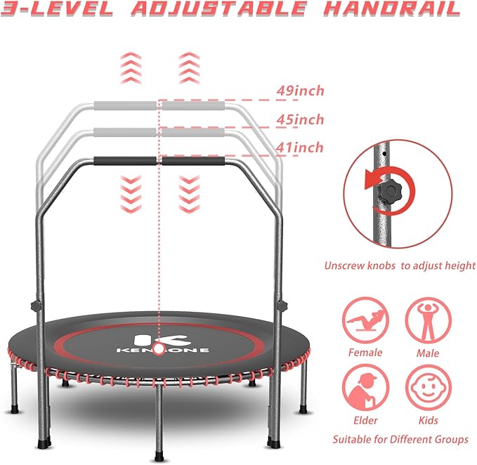 40/48" Low-Impact Rebounder Trampoline for Adults with Bungee, 450/550LBS Quiet Mini Exercise Trampoline with Adjustable U/T-Shaped Foam Handle Bar, Fitness Equipment for Indoor/Gym Workout