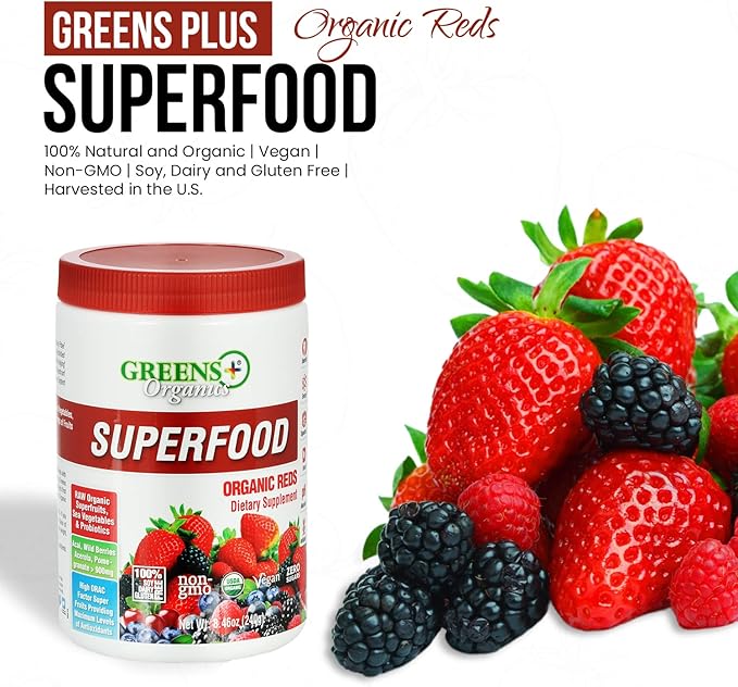 Greens+ Organic Reds Superfood Powder, Antioxidant, Polyphenol, Blend for Morning Kick, Energy, Vitality Boost, Nutrition, Vibrant Health, Vegan Soy/Dairy/Gluten Free(8.46oz)