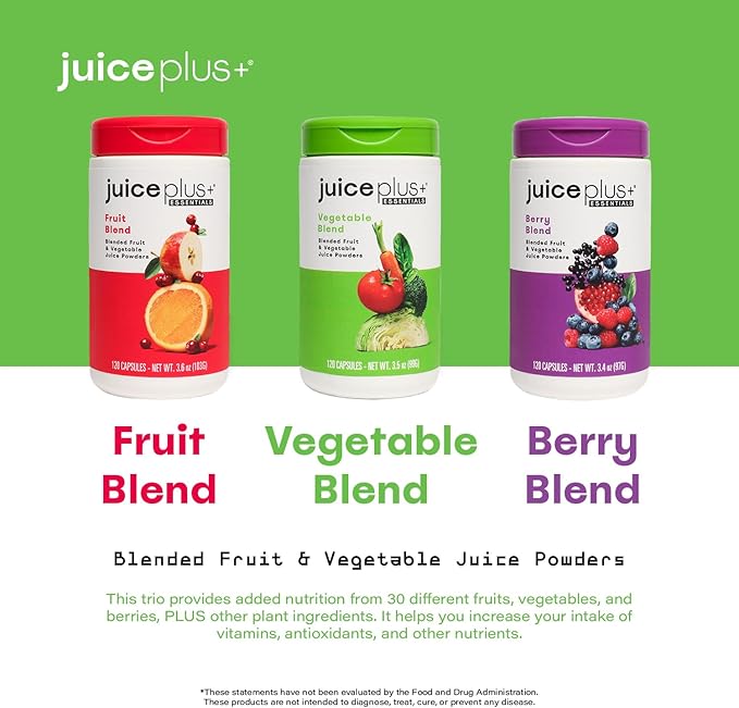 Juice Plus+ Fruit, Vegetable & Berry Blend - Fruit and Vegetable Supplement for Immune Support, Cognitive Health & Radiant Skin - 3 Bottles, (120 Capsules Each)