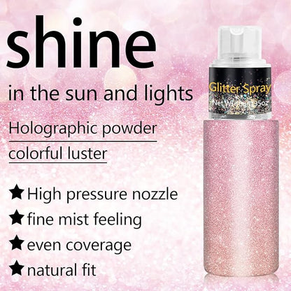 Hair and Body Glitter Spray, Holographic Glitter Highlighter Powder, Face Body Clothes Shiny Glitter, Loose Shimmer Hairspray Festival Rave Prom Accessories, 10g (03# Pink)