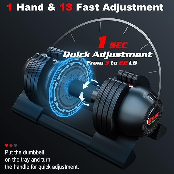 Adjustable Dumbbell,22LBS 44LBS 52LBS Dumbbell Set with Tray for Fitness, Fast Adjust Weight by Turning Anti-Slip Handle, Safety with 8 Lock Slots, Suitable for Men and Women