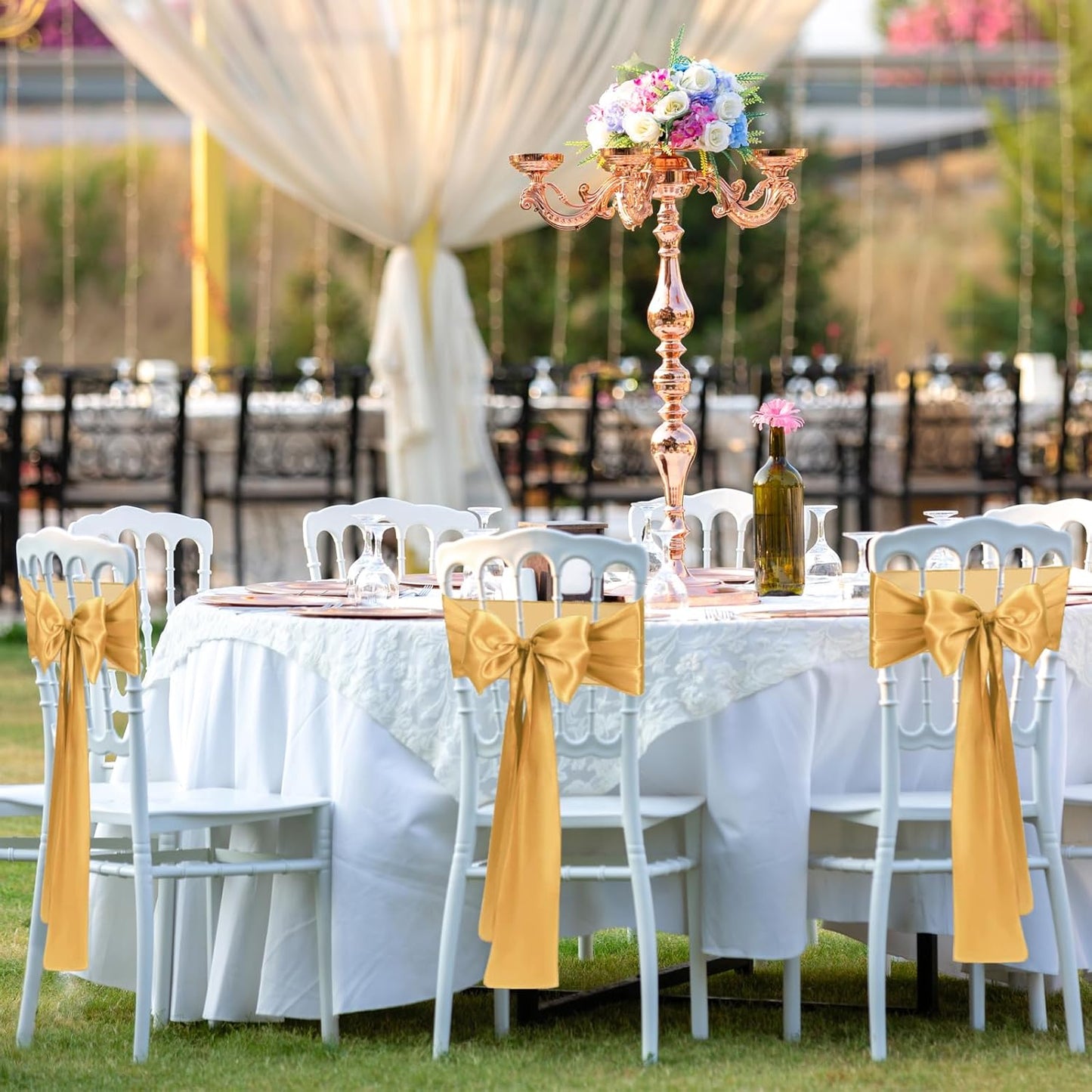 10 PCS Gold Satin Chair Sashes Bows Universal Chair Ribbon Ties Back Sash for Wedding Party Reception Events Banquets Hotel Event Chair Cover Decoration (7x108 inch)