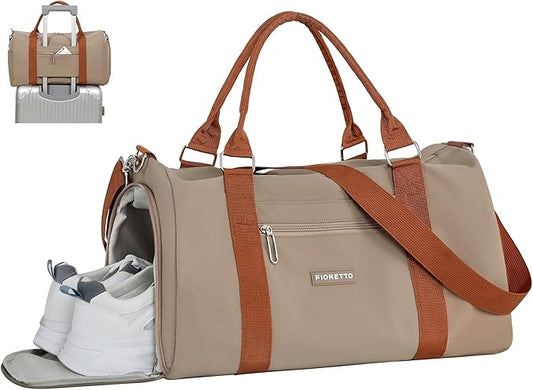FIORETTO Womens Gym Tote Duffle Weekender Bag with Wet Pocket & Shoe Compartment, Ideal for Travel, Swimming, Dance, Khaki