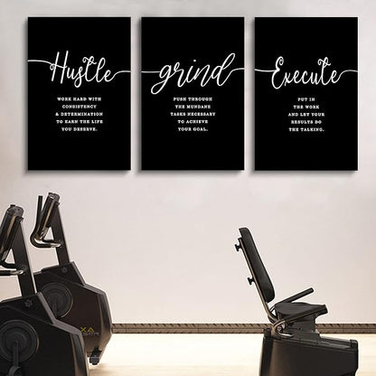 Hustle Quotes Execute Prints, Framed Canvas Wall Art Success Quote, Office Wall Art, Black Large Poster, Positive Motivational Set of 3 Prints, Boss Gift (F-3pcs,20x30inchx3pcs)