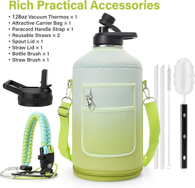 1 Gallon Water Bottle Insulated | Thickened Stainless Steel Vacuum Metal Water Jug | Portable Sports Large for Gym and Hiking with Straw, Carrier Bag, Handle Strap | BPA-Free 128 oz