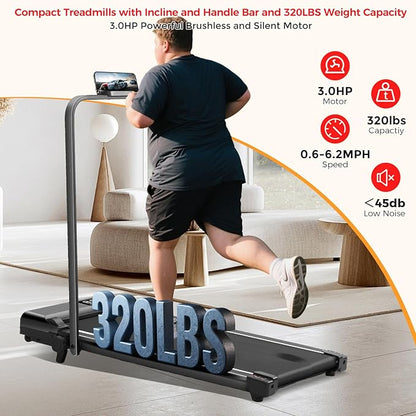 Portable Walking Pad with Incline and Handle Bar, 3.0HP Electric Treadmills for Home Small, 0.6-6.2MPH Compact Walking Pads Treadmills with Handles and Incline for Small Spaces, 320LB Capacity