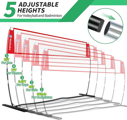 12ft/14ft Portable Volleyball Training Practice Net Set 5 Heights Adjustable for Indoor Outdoor with Tetoron Net, Freestanding Base, PU Volleyball, Carry Bag, Sandbags - Instant Set Up