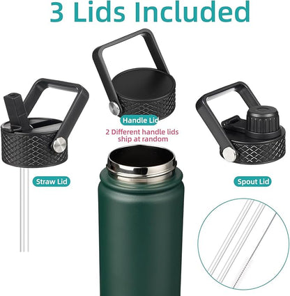 22oz Stainless Steel Bottles with 3 Lids Sport Insulated Water Bottle,Army Green