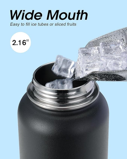 Water Bottle 32 oz Insulated with Straw, Coolflask Stainless Steel Metal 3 Lids Water Flask Wide Mouth for Sports or Office, Non-BPA Keep Cold Up to 48 Hrs or Hot Up to 24 Hrs, Magic Black